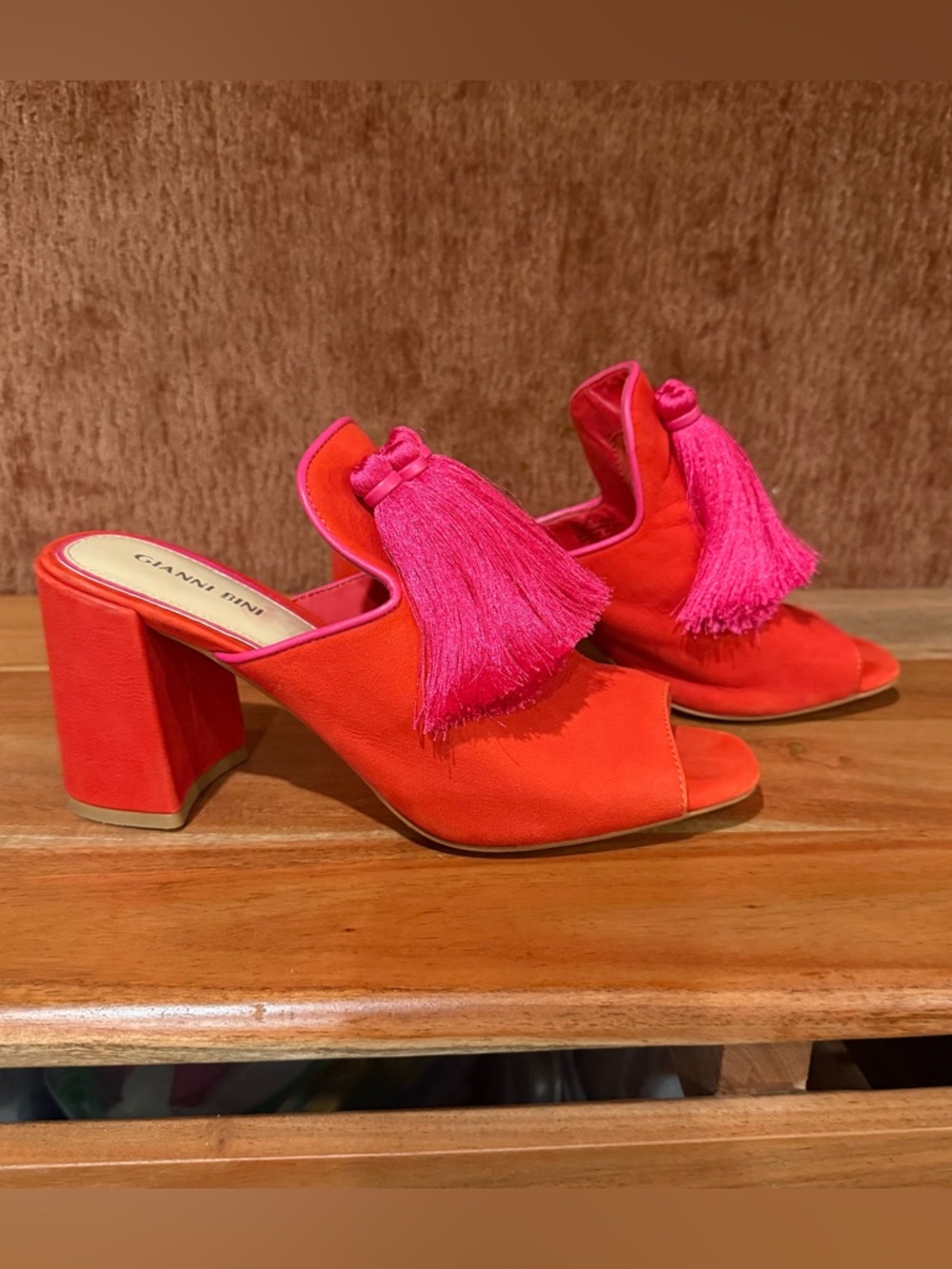 Gianni Bini Red-Orange Mules with Hot Pink Tassels